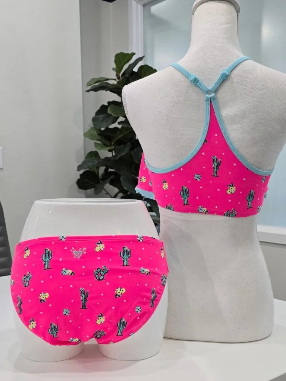 Justice ✦ Girls Racerback Tankini Ruched Bottoms Set ✦ Cactus Print Pink Blue 18